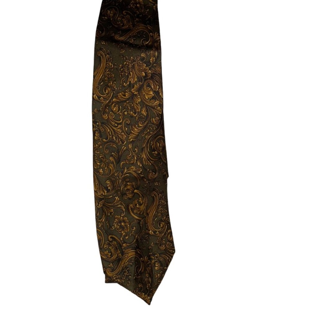 LIBERTY olive green gold baroque print silk mens tie